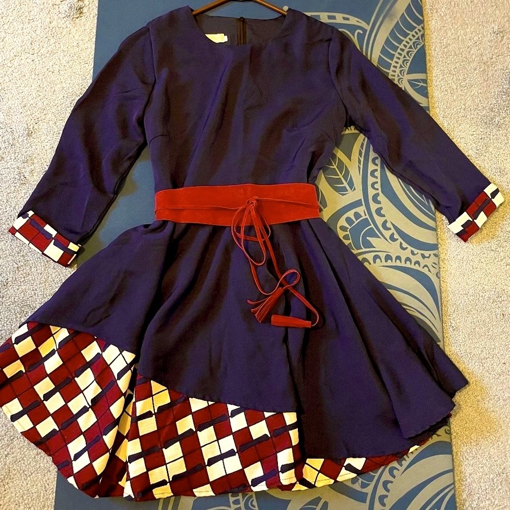 Hae Feng navy blue Kimono-inspired flare mini dress with checker pattern